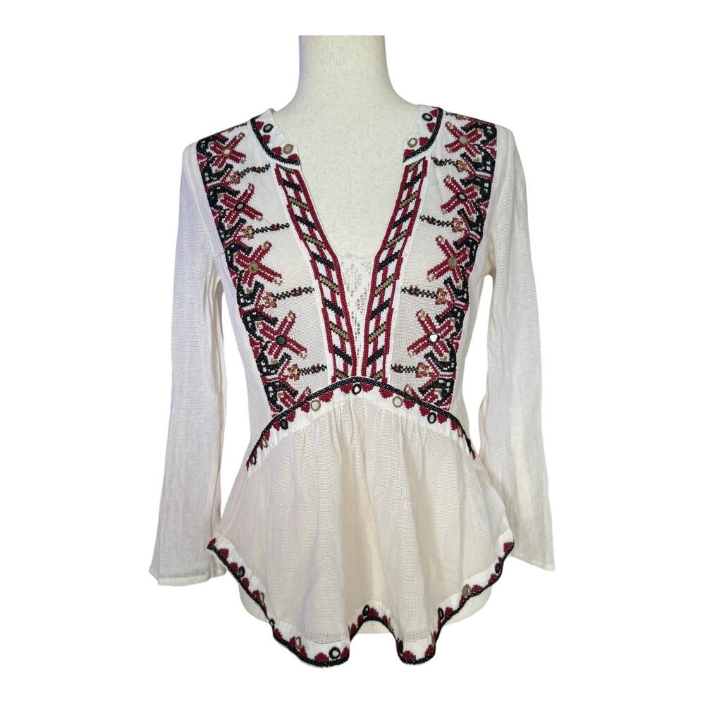 Anthropologie Akemi Kin Peasant Embroidered Top Cream Mesh Boho Blouse Small - Picture 2 of 10
